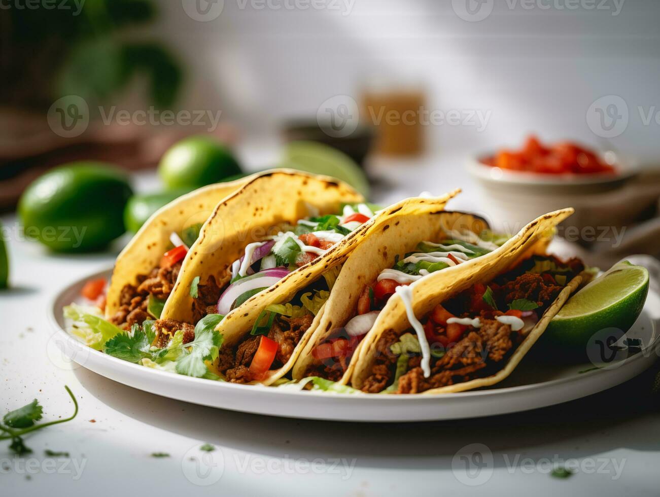 AI generated Delicious Mexican tacos with meat and vegetables. Traditional food, Latin American, Mexican cuisine. Photorealistic, background with bokeh effect. AI generated. photo