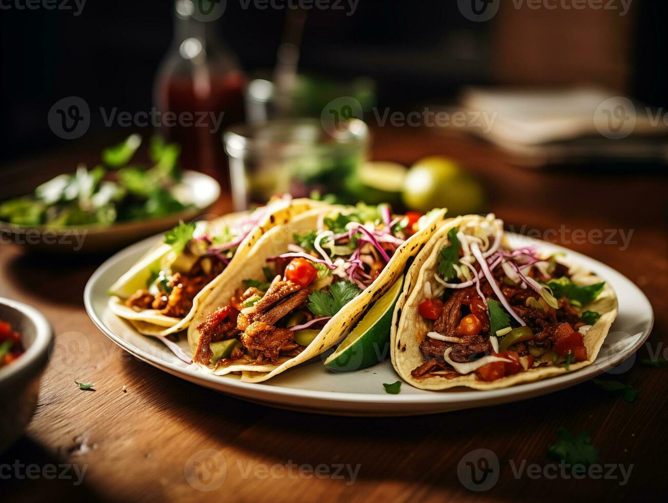 AI generated Delicious Mexican tacos with meat and vegetables. Traditional food, Latin American, Mexican cuisine. Photorealistic, background with bokeh effect. AI generated. photo