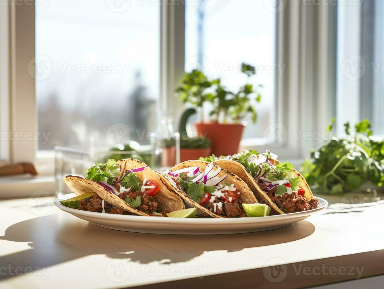 AI generated Delicious Mexican tacos with meat and vegetables. Traditional food, Latin American, Mexican cuisine. Photorealistic, background with bokeh effect. AI generated. photo