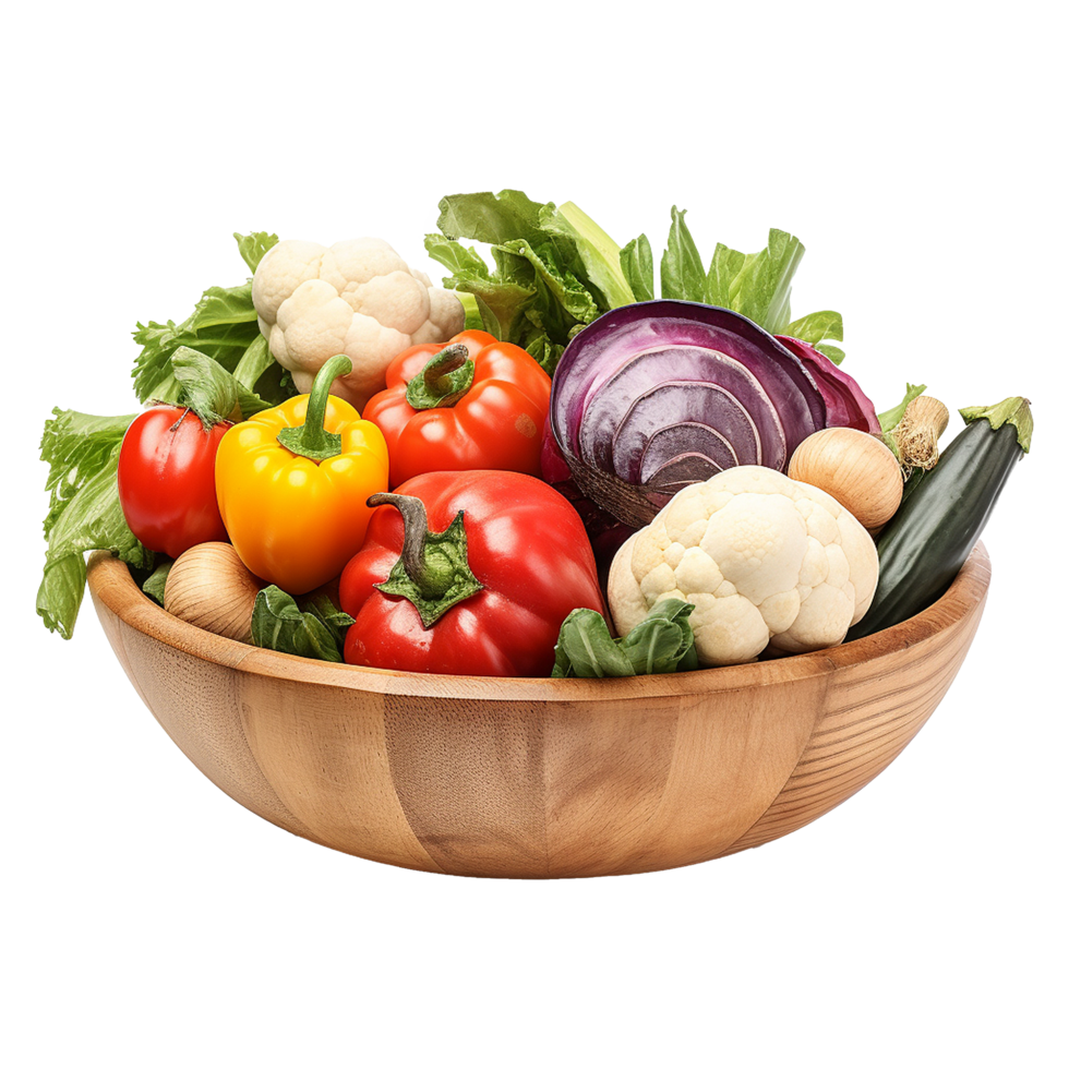 AI generated Vegetables in wooden bowl isolated on transparent background png