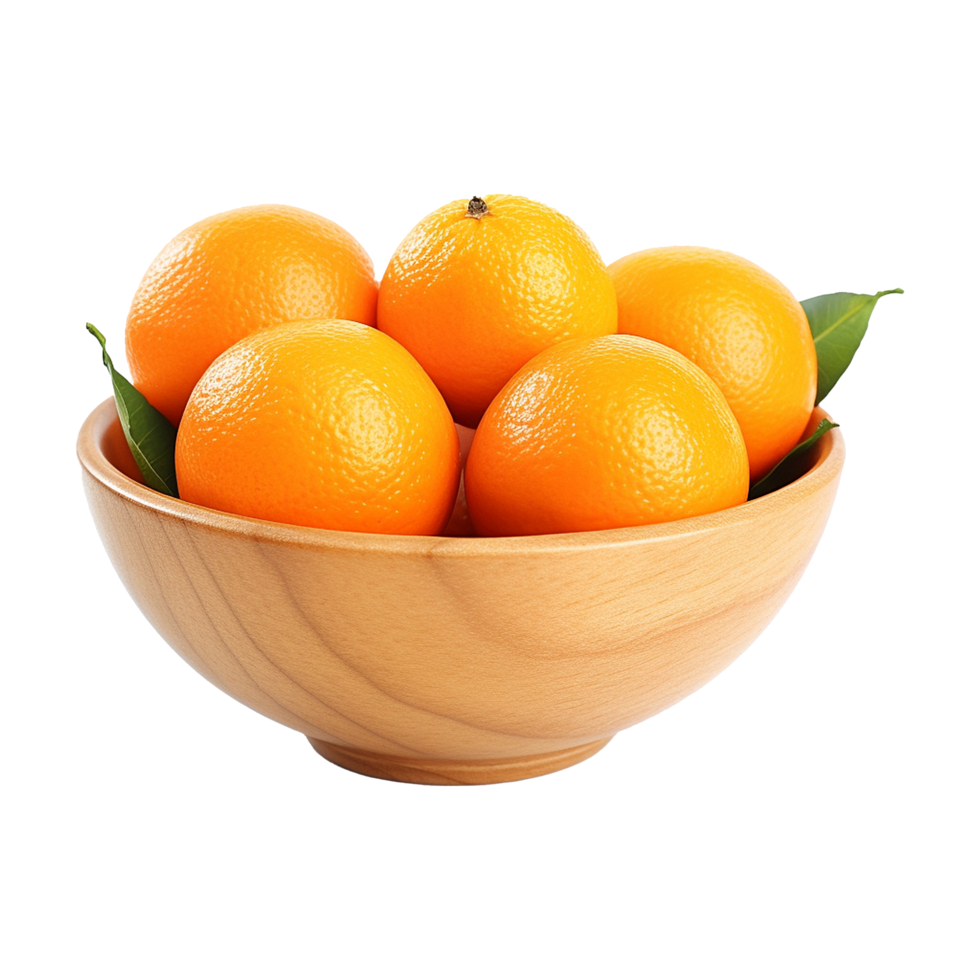 AI generated Oranges in wooden bowl isolated on transparent background png