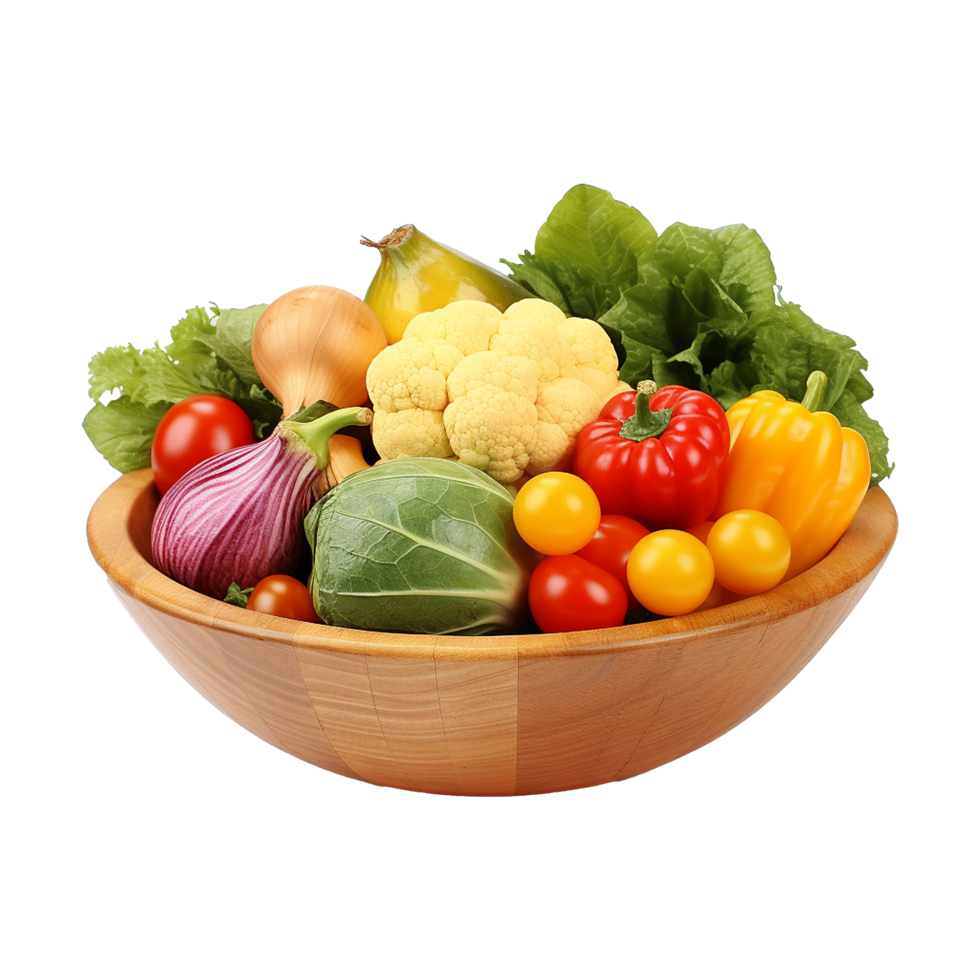 AI generated Vegetables in wooden bowl isolated on transparent background png