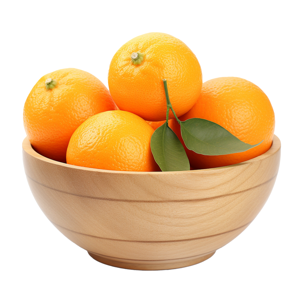 AI generated Oranges in wooden bowl isolated on transparent background png