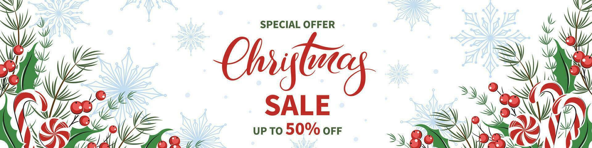Christmas sale horizontal banner, background decorated with different winter plants, cookies and sweets background. Vector illustration
