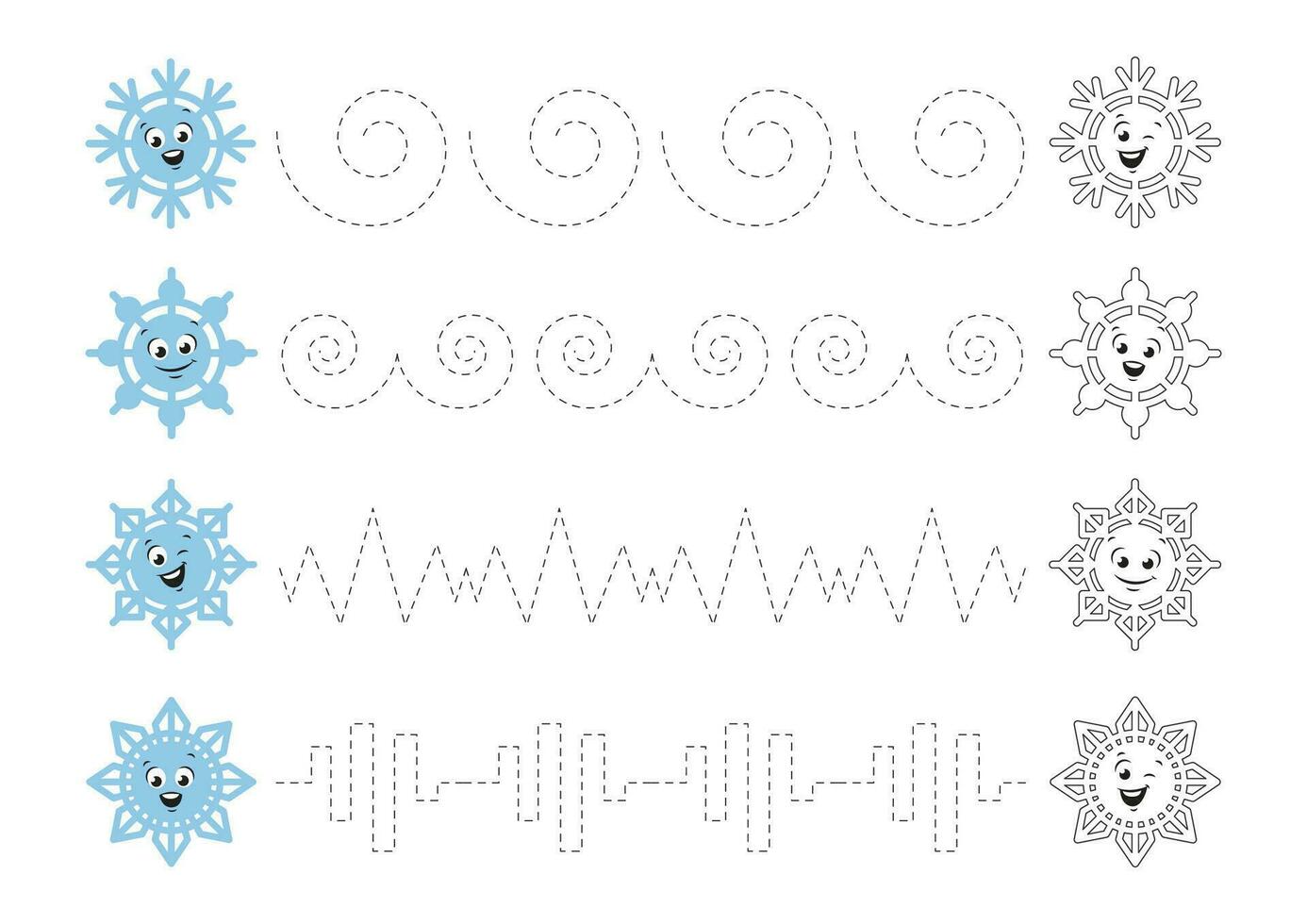 Tracing lines for kids. Handwriting practice for children. Coloring page with cute cartoon snowflakes. Vector illustration