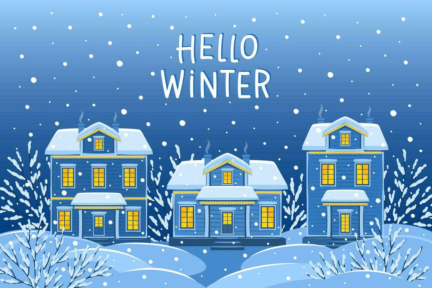 Hello winter. Snowy winter landscape with country houses and trees. Vector illustration for a New Year and Christmas background