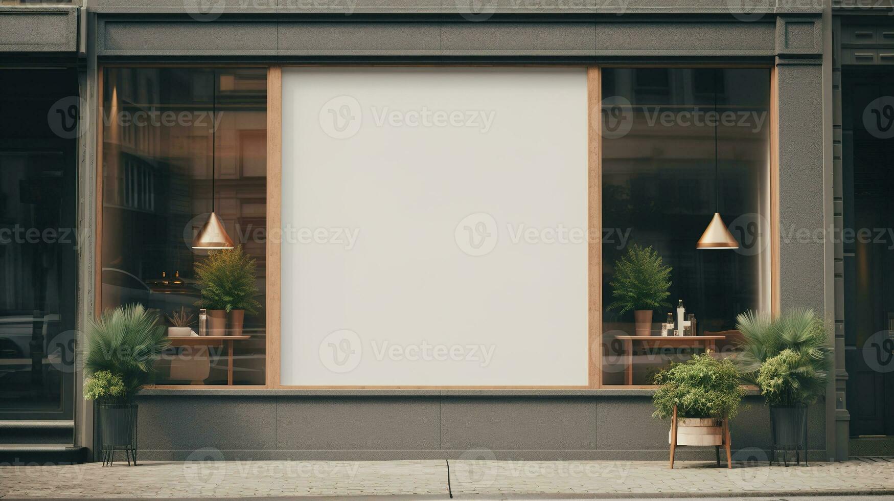 AI generated Generative AI, cloth shop street signboard mock up for logo design, brand presentation, aesthetic muted neutral colors photo