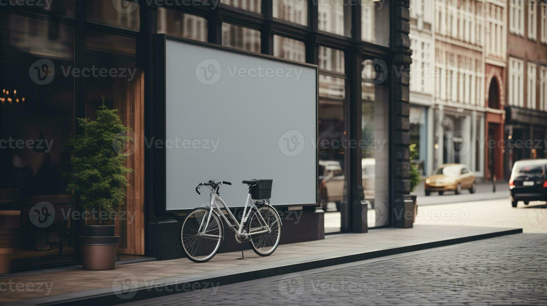 AI generated Generative AI, cloth shop street signboard mock up for logo design, brand presentation, aesthetic muted neutral colors photo