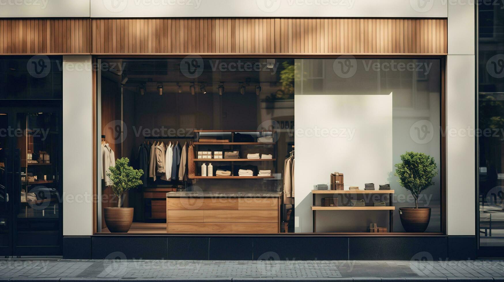 AI generated Generative AI, cloth shop street signboard mock up for logo design, brand presentation, aesthetic muted neutral colors photo