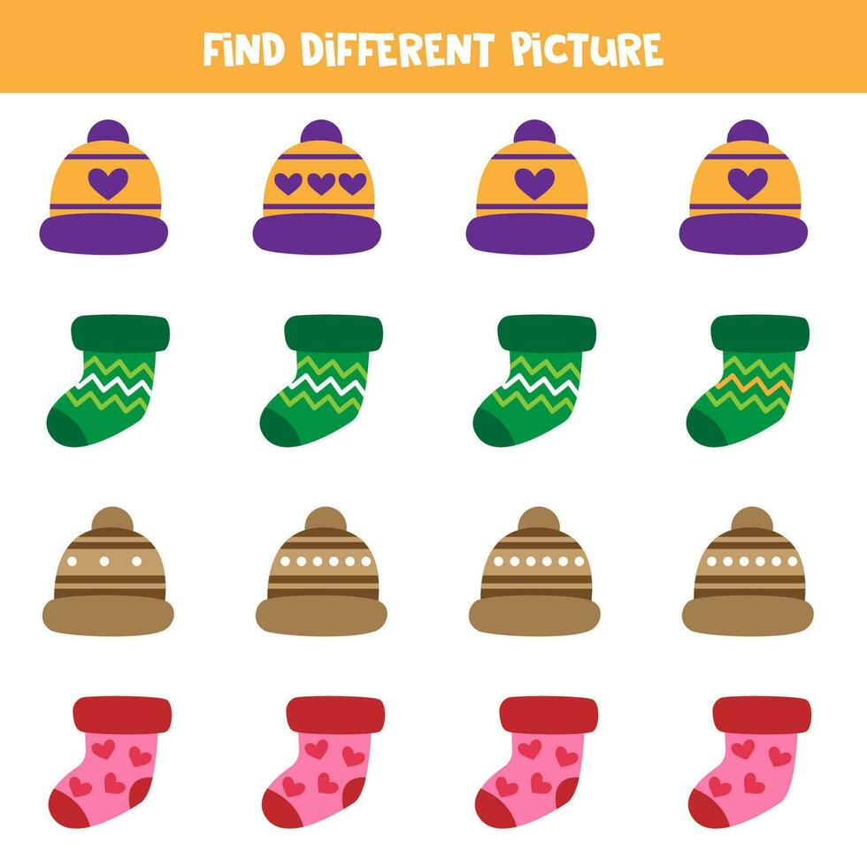 Find different colorful sock and cap in each row. Logical game for preschool kids. vector