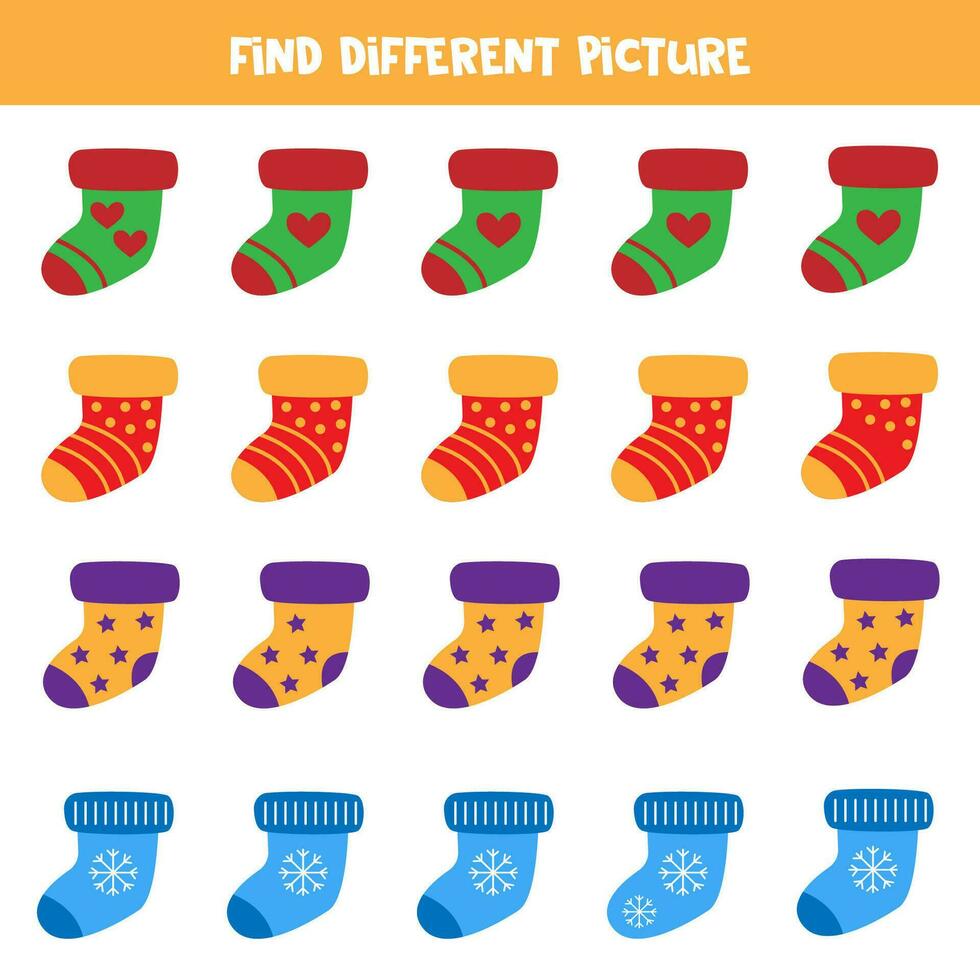 Find different colorful sock in each row. Logical game for preschool kids. vector