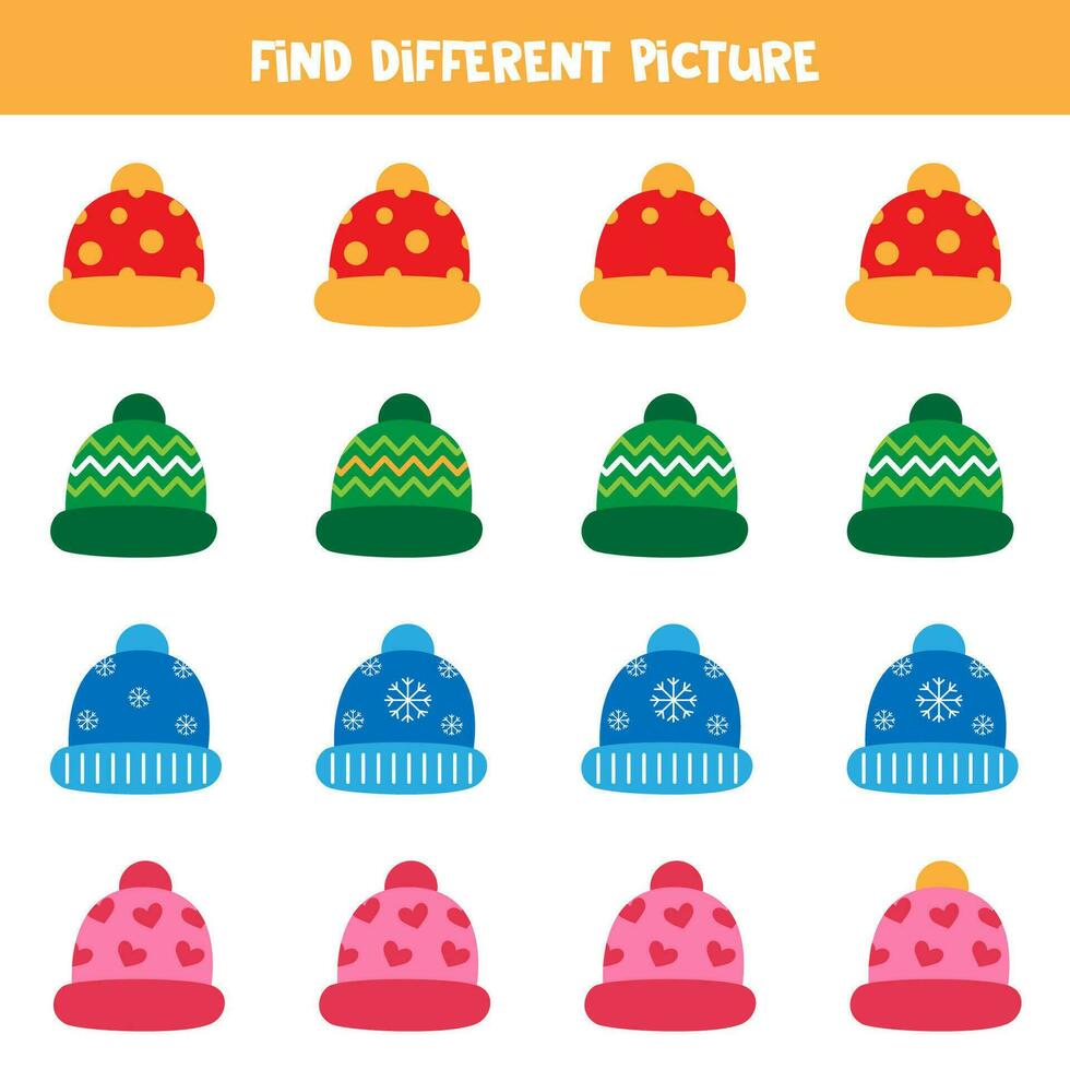 Find different colorful cap in each row. Logical game for preschool kids. vector