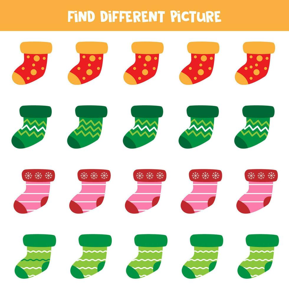 Find different colorful sock in each row. Logical game for preschool kids. vector