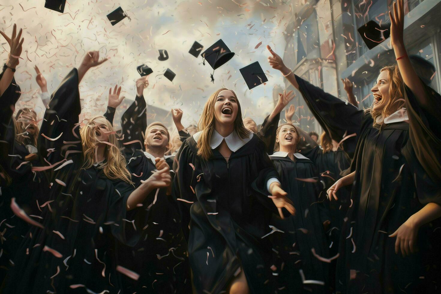 AI generated Happy girl graduated. Girl graduating celebrating academic achievement. Graduation Caps Thrown in the Air. Ai generated photo