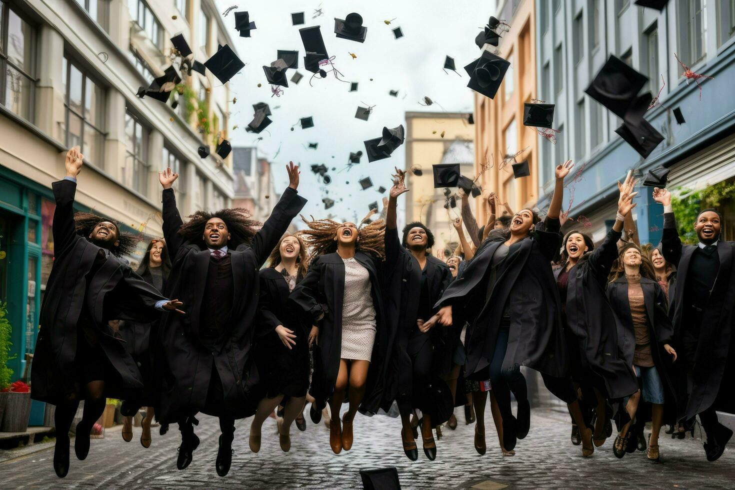 AI generated Happy girl graduated. Girl graduating celebrating academic achievement. Graduation Caps Thrown in the Air. Ai generated photo