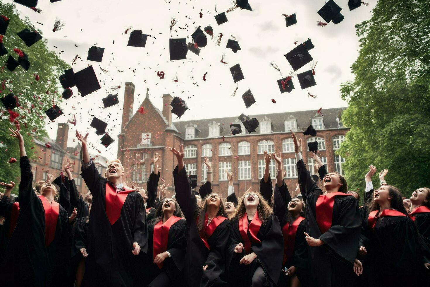 AI generated Happy girl graduated. Girl graduating celebrating academic achievement. Graduation Caps Thrown in the Air. Ai generated photo