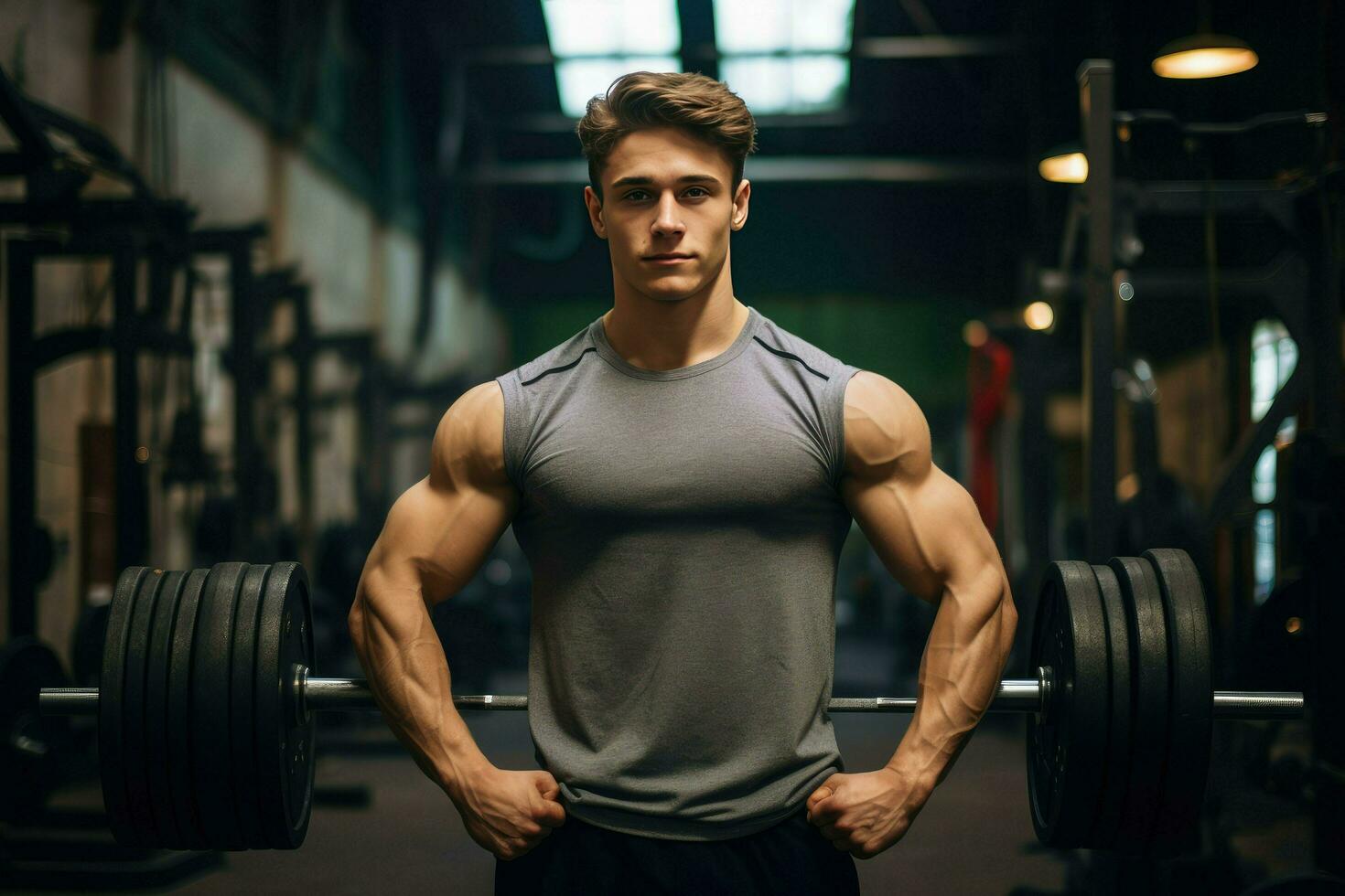 ai generado joven carrocero hombre a gimnasia, joven masculino carrocero demostración su cuerpo y posando y haciendo Deportes ejercicios en el gimnasio ai generado foto