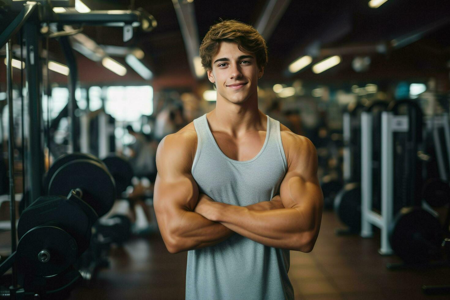 AI generated Young bodybuilder man at gym, Young male bodybuilder showing his body and posing and doing sports exercises in the gym Ai Generated photo