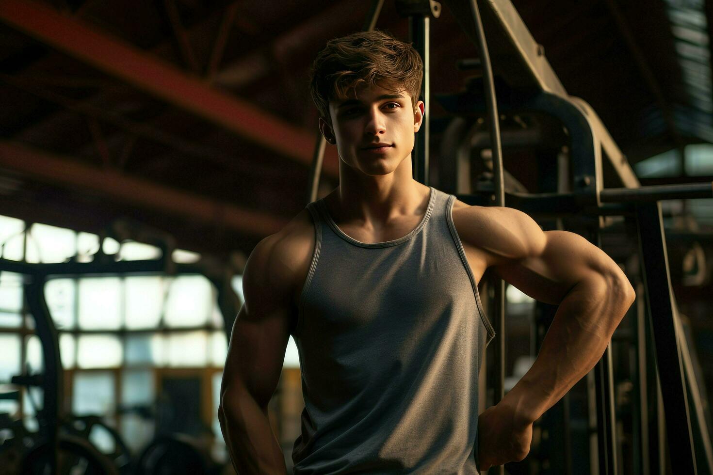 ai generado joven carrocero hombre a gimnasia, joven masculino carrocero demostración su cuerpo y posando y haciendo Deportes ejercicios en el gimnasio ai generado foto