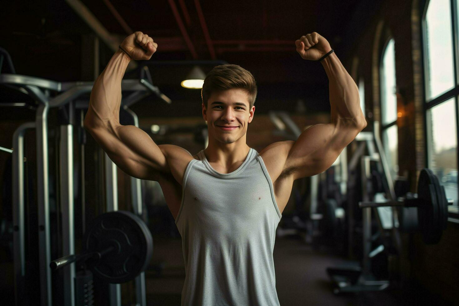 ai generado joven carrocero hombre a gimnasia, joven masculino carrocero demostración su cuerpo y posando y haciendo Deportes ejercicios en el gimnasio ai generado foto