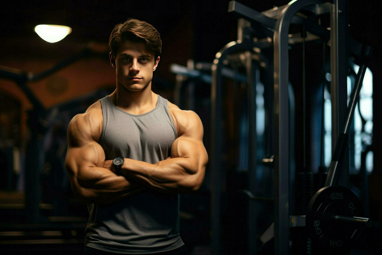 ai generado joven carrocero hombre a gimnasia, joven masculino carrocero demostración su cuerpo y posando y haciendo Deportes ejercicios en el gimnasio ai generado foto