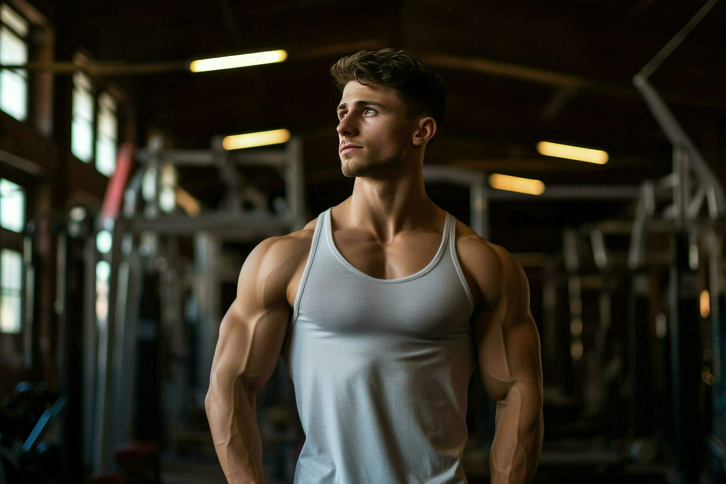 AI generated Young bodybuilder man at gym, Young male bodybuilder showing his body and posing and doing sports exercises in the gym Ai Generated photo