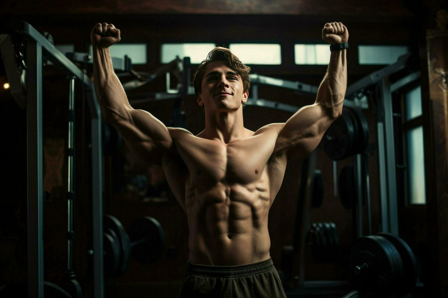 AI generated Young bodybuilder man at gym, Young male bodybuilder showing his body and posing and doing sports exercises in the gym Ai Generated photo