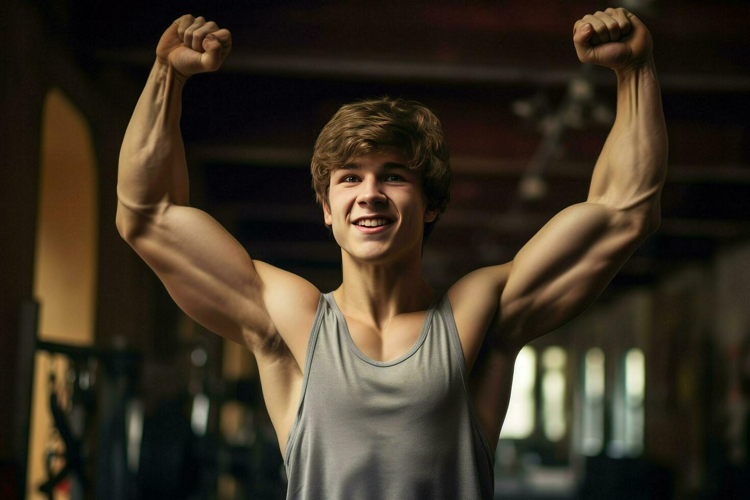 ai generado joven carrocero hombre a gimnasia, joven masculino carrocero demostración su cuerpo y posando y haciendo Deportes ejercicios en el gimnasio ai generado foto