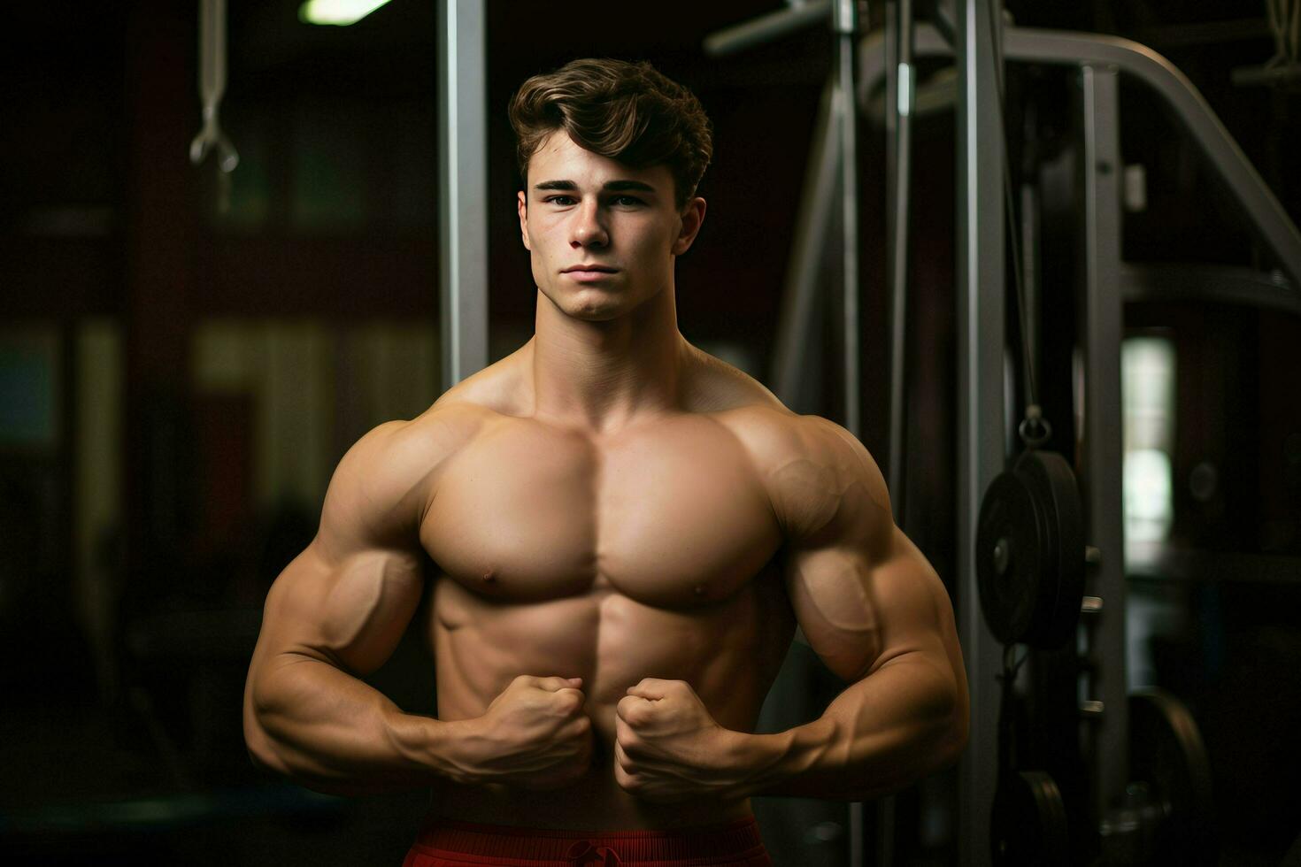 ai generado joven carrocero hombre a gimnasia, joven masculino carrocero demostración su cuerpo y posando y haciendo Deportes ejercicios en el gimnasio ai generado foto