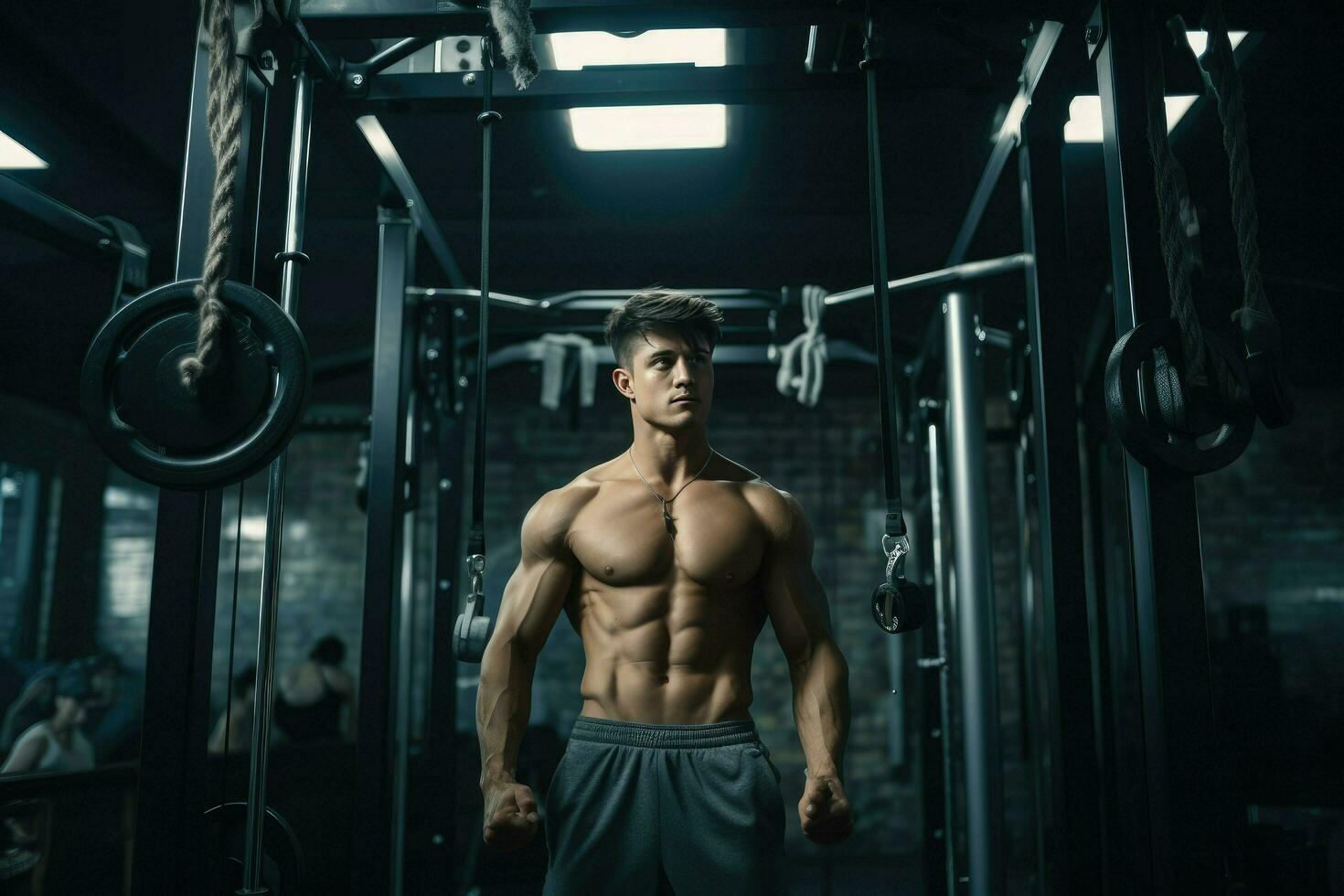 AI generated Young bodybuilder man at gym, Young male bodybuilder showing his body and posing and doing sports exercises in the gym Ai Generated photo