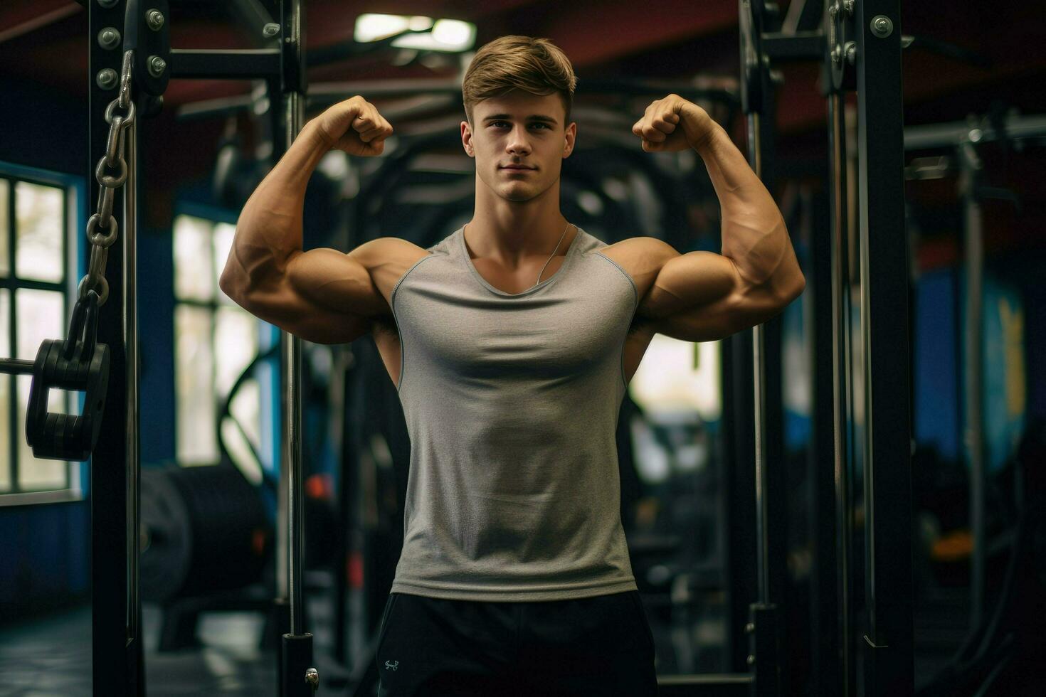 AI generated Young bodybuilder man at gym, Young male bodybuilder showing his body and posing and doing sports exercises in the gym Ai Generated photo