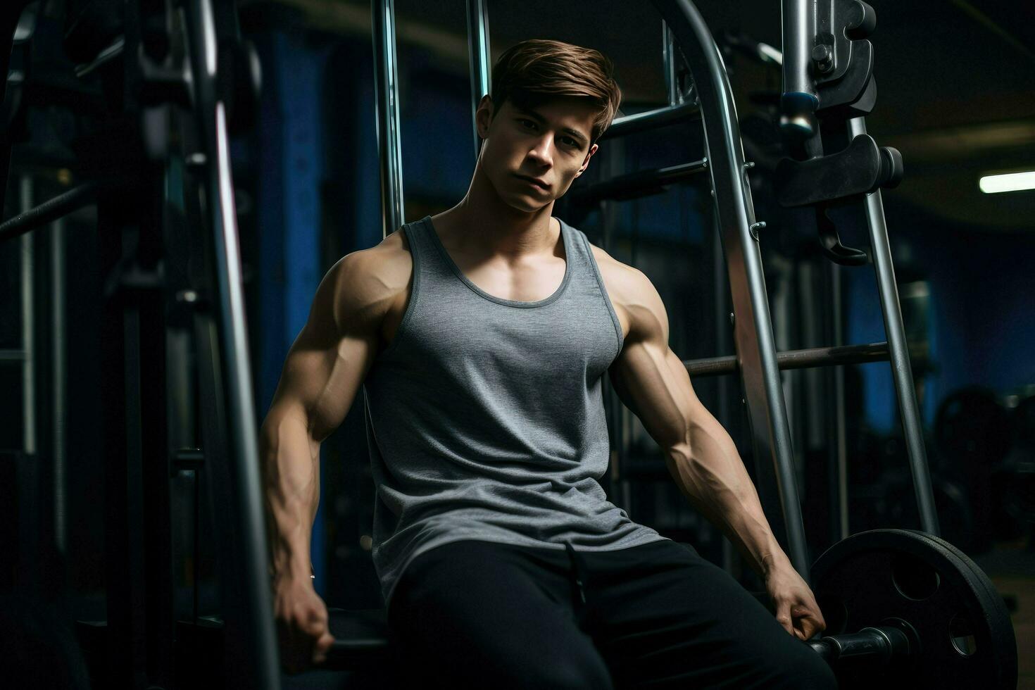 AI generated Young bodybuilder man at gym, Young male bodybuilder showing his body and posing and doing sports exercises in the gym Ai Generated photo