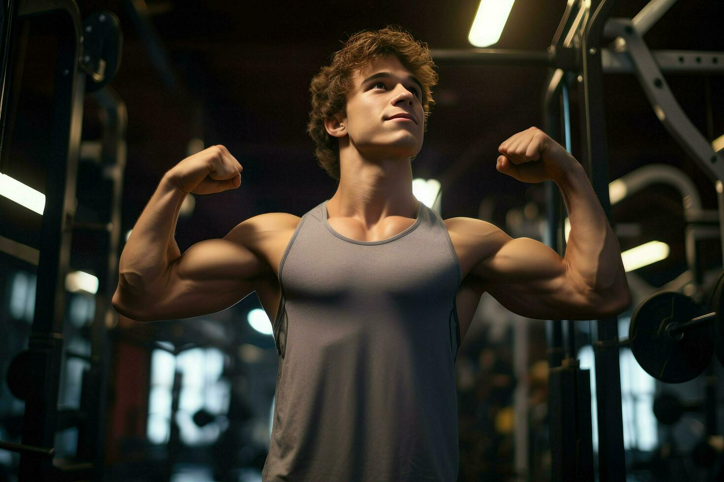 ai generado joven carrocero hombre a gimnasia, joven masculino carrocero demostración su cuerpo y posando y haciendo Deportes ejercicios en el gimnasio ai generado foto