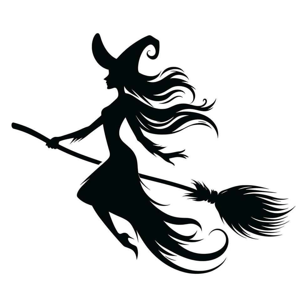 Silhouette of witch on broomstick flying on white background vector