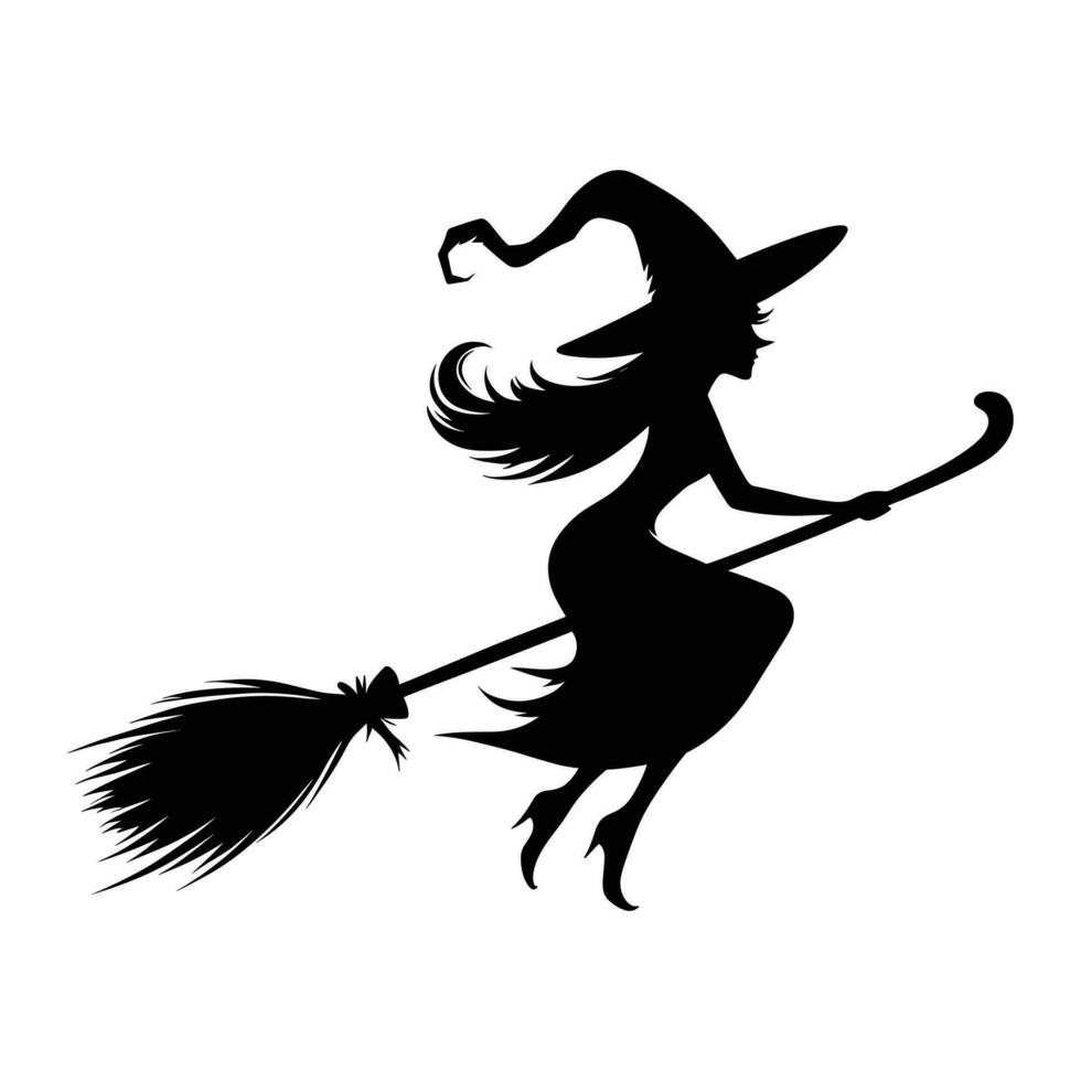 Silhouette of witch on broomstick flying on white background vector