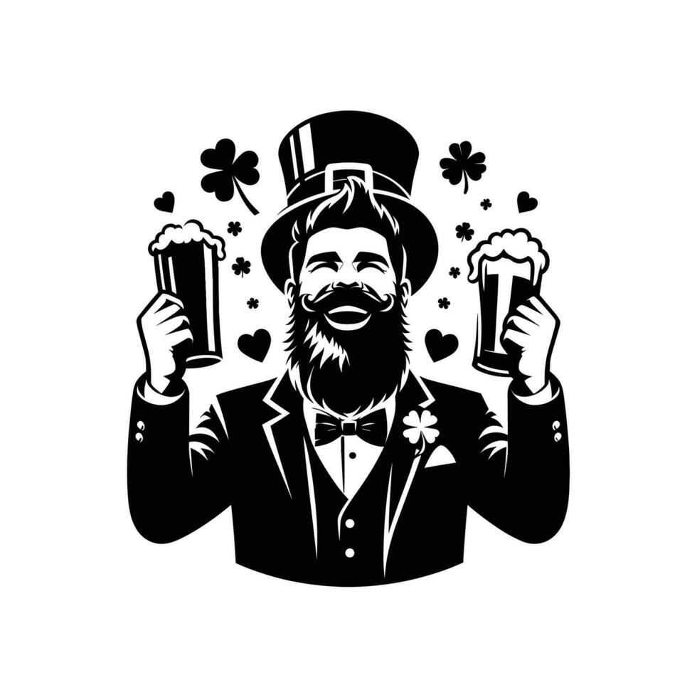 silhouette of a Happy bearded man with hat celebrating saint patricks day on white background vector