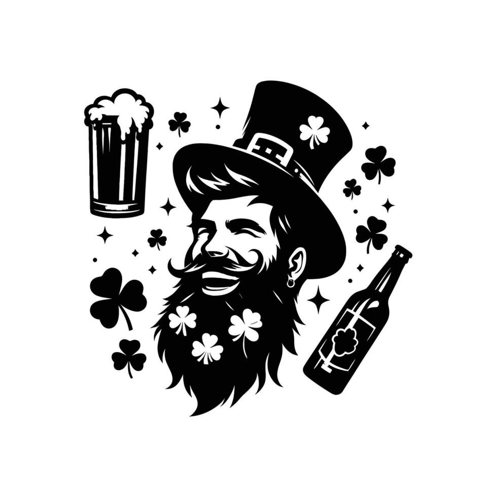 silhouette of a Happy bearded man with hat celebrating saint patricks day on white background vector