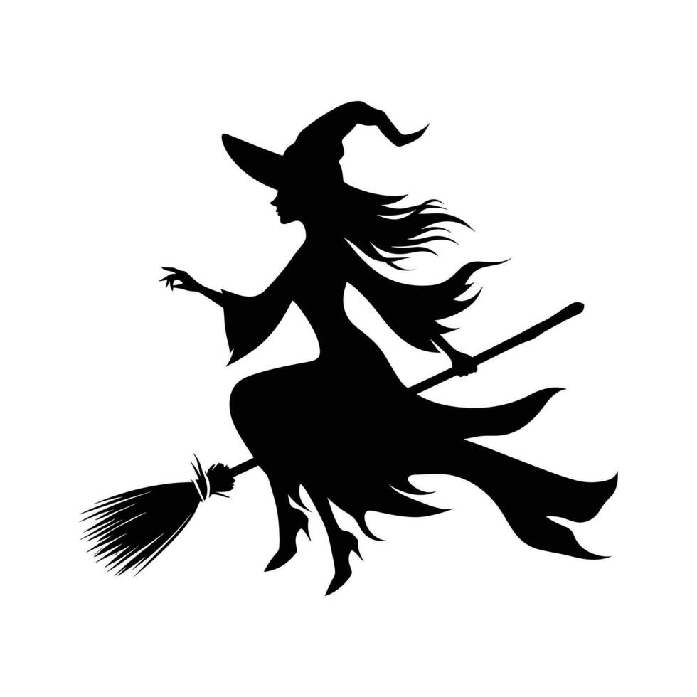 Silhouette of witch on broomstick flying on white background vector