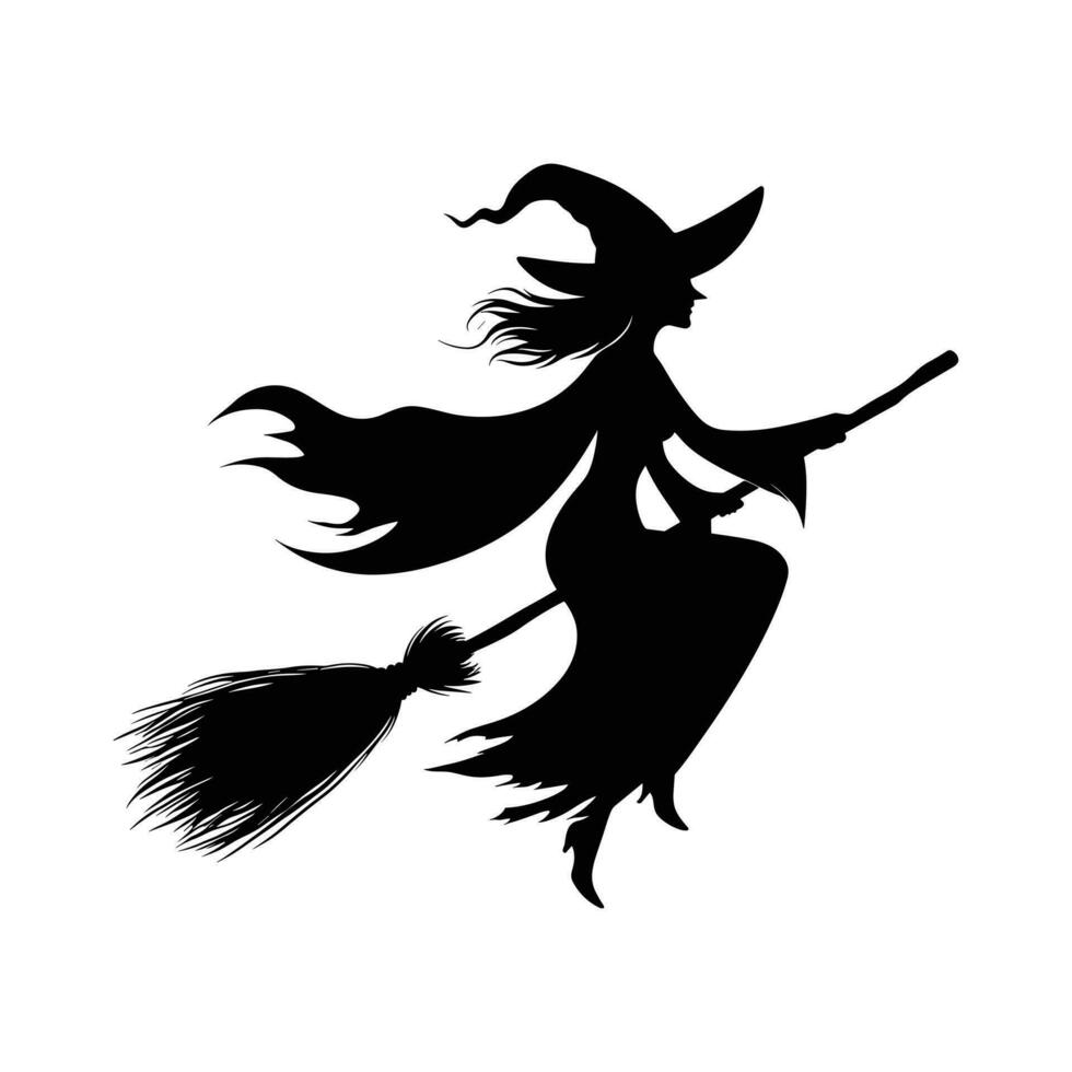 Silhouette of witch on broomstick flying on white background vector