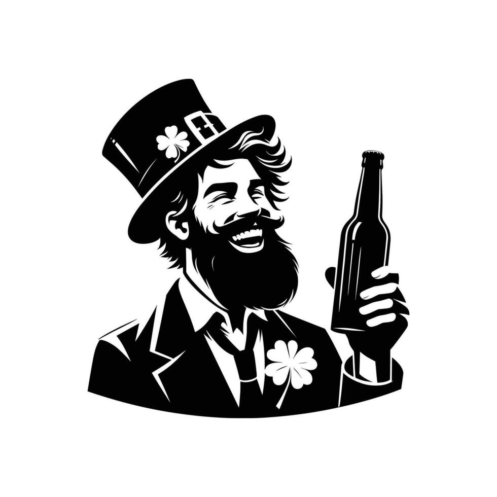 silhouette of a Happy bearded man with hat celebrating saint patricks day on white background vector