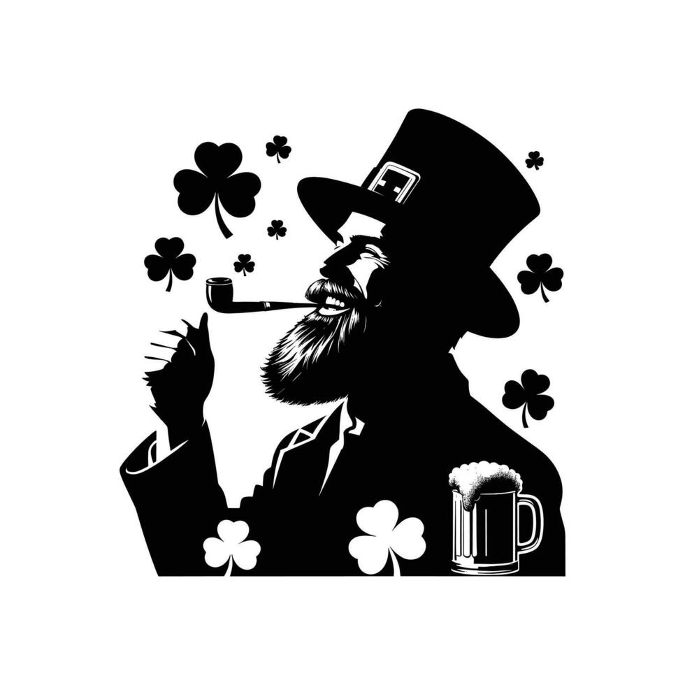 silhouette of a Happy bearded man with hat celebrating saint patricks day on white background vector