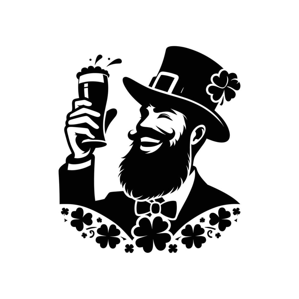 silhouette of a Happy bearded man with hat celebrating saint patricks day on white background vector