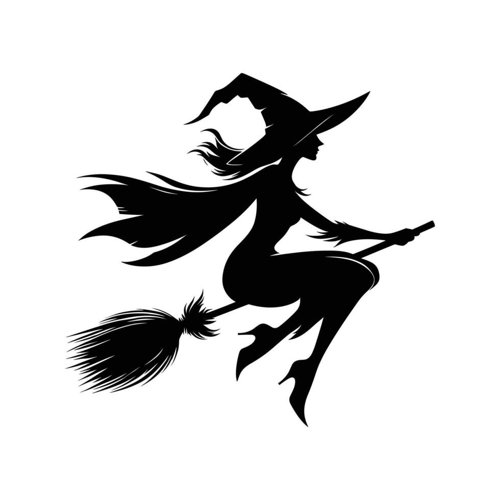 Silhouette of witch on broomstick flying on white background vector