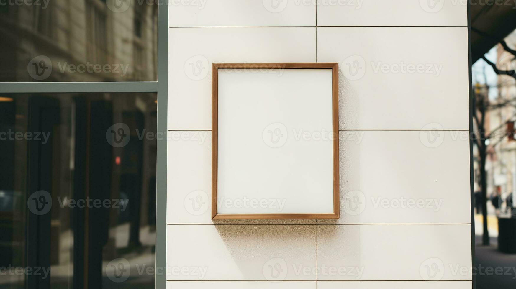 AI generated Generative AI, coffee shop street signboard mock up for logo design, brand presentation, aesthetic muted neutral colors, on the wall outdoor photo