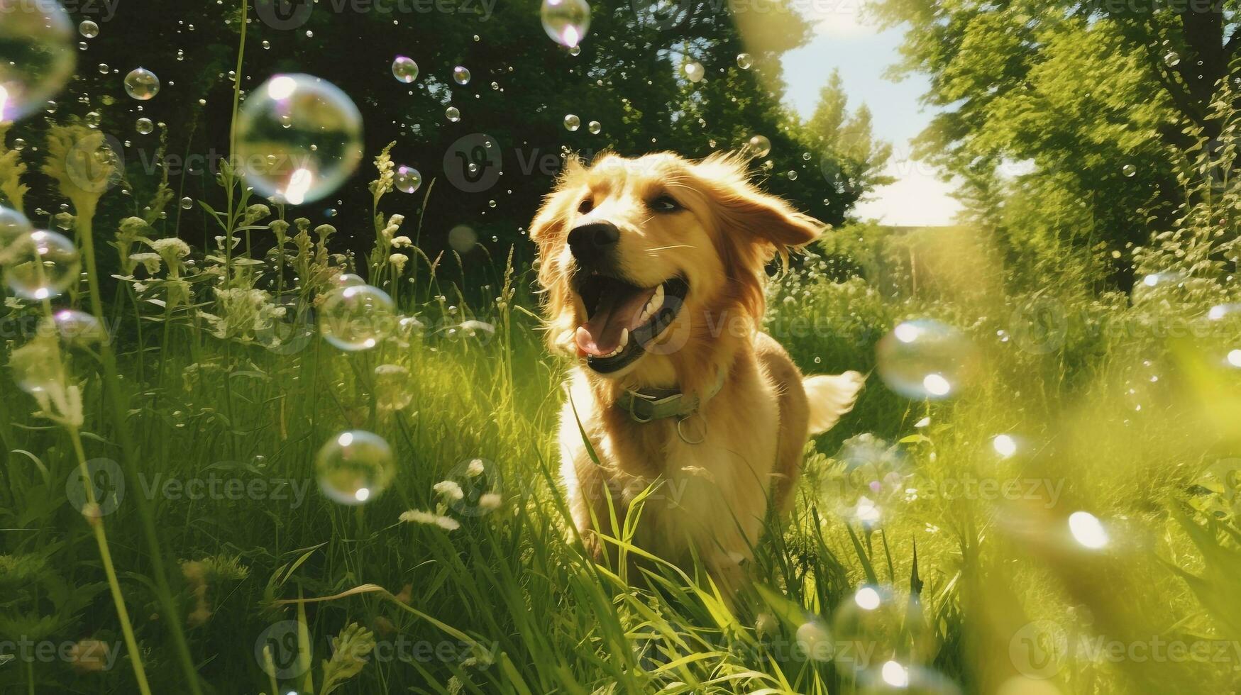 AI generated Photo of a playful dog chasing bubbles in a lush green. Generative AI