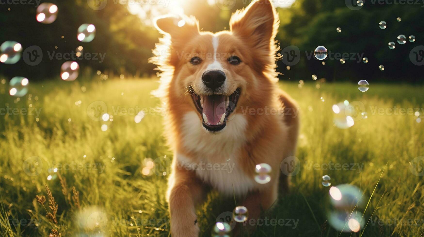 AI generated Photo of a playful dog chasing bubbles in a lush green. Generative AI