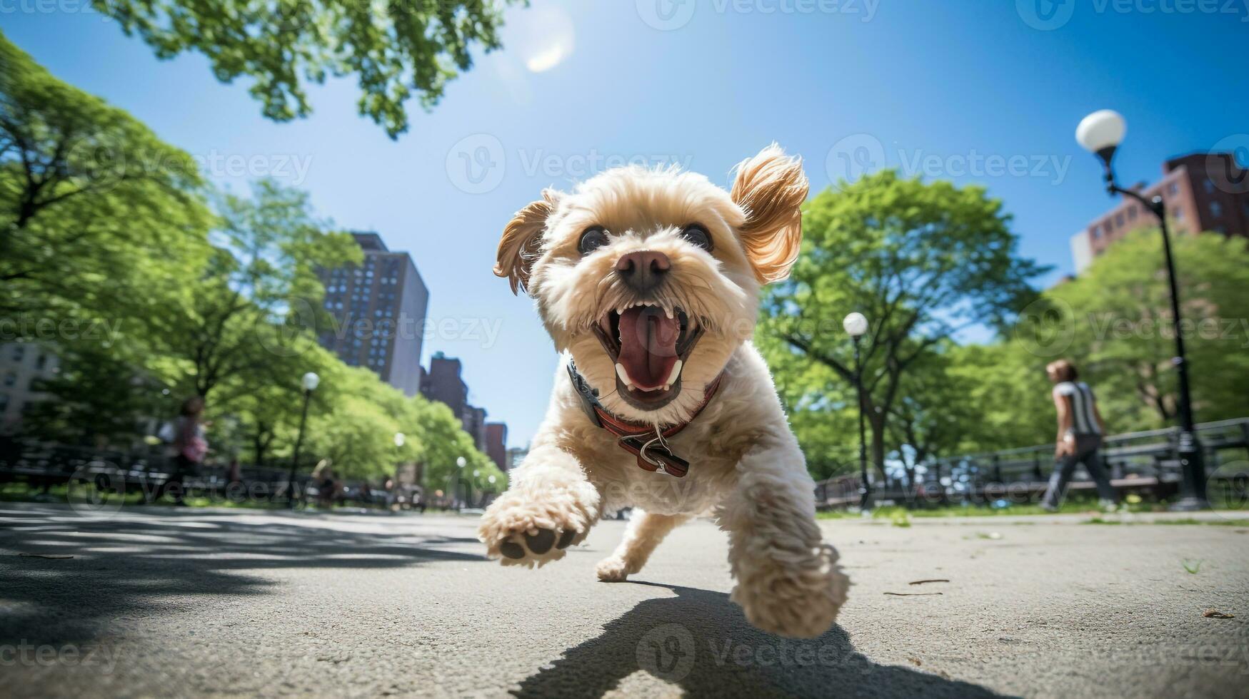 AI generated Photo of a happy dog playing fetch in a vibrant urban. Generative AI