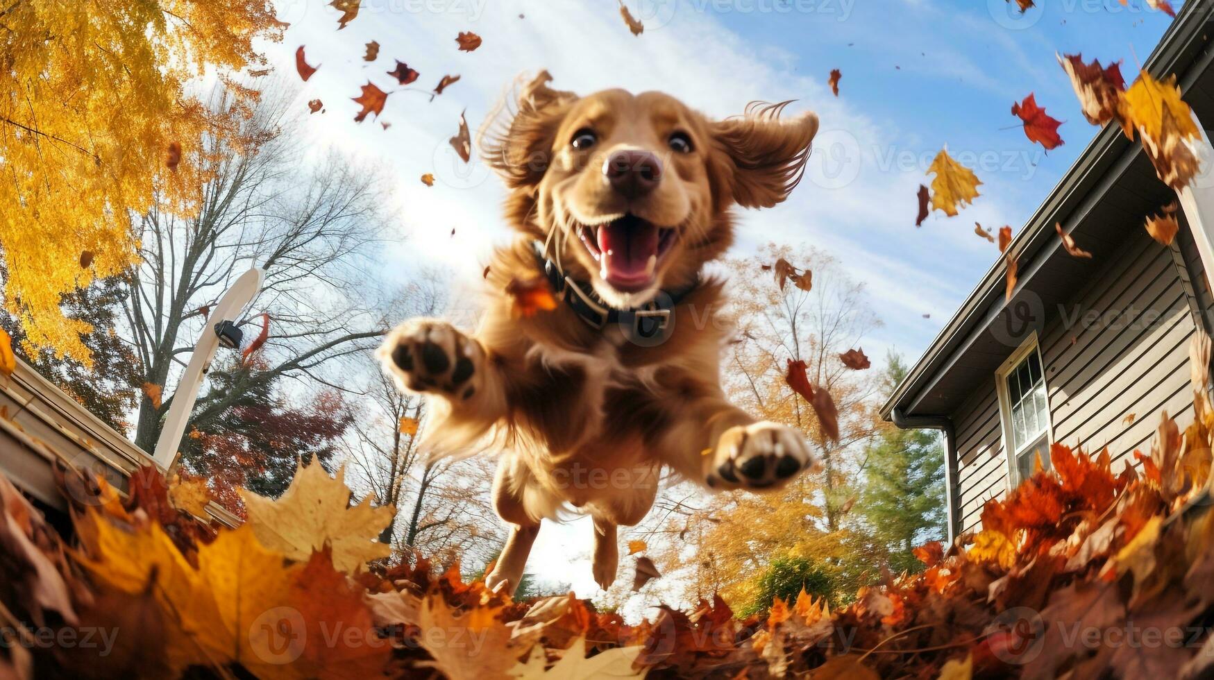 AI generated Photo of a dog joyfully leaping into a pile of autumn leaves. Generative AI