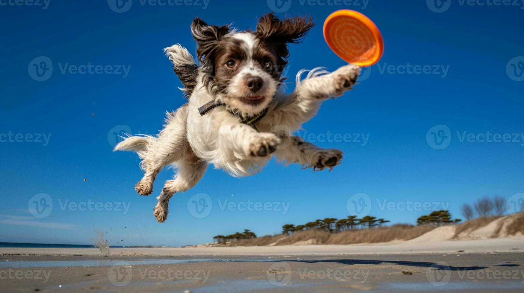 ai generado foto de un atlético perro participativo en un frisbee generativo ai