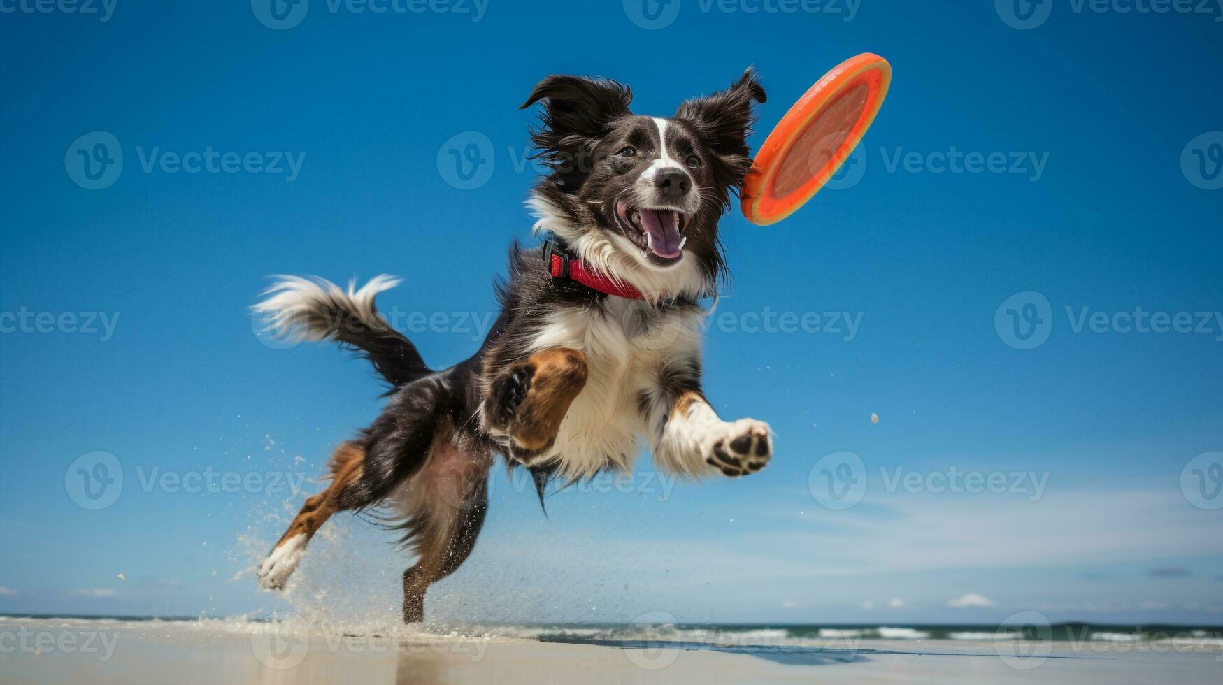 ai generado foto de un atlético perro participativo en un frisbee generativo ai
